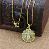 Gold Jesus Crucifix Saint Benedict Medal Pendant Necklace 24"